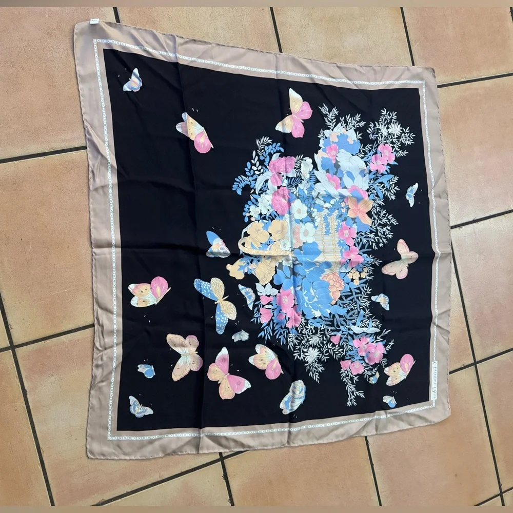 Christian Dior Black Scarf with Pink, Yellow and Blue Butterfly Motif